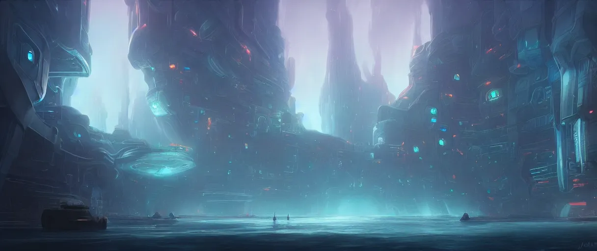 Image similar to digital painting of an underwater sci-fi city, style of Ralph Mcquarrie, concept art, high angle, high detail, cold lighting, dark, vivid, beautiful, caustics, trending on artstation, by Jordan grimmer, no focus, huge scene