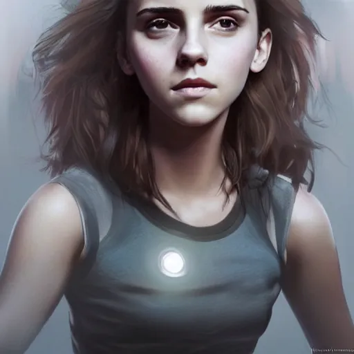 Image similar to a girl who is a mix of emma watson and scarlett johansson and nathalie portman, plugging herself to a computer through an usb cable and a port in her arm, very detailled, by david rutkowski and artgem