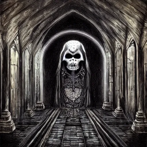 Image similar to “Portrait of the lich king in a gothic hall, high fantasy realistic painting, dramatic lighting”