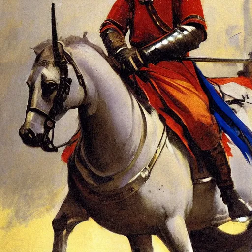 Image similar to portrait of medieval knight on horseback, with jousting gear by greg manchess, bernie fuchs, walter everett, lost edges