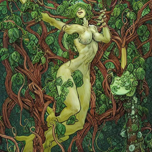 Image similar to anthropomorphic tangle of vines and plant matter. this fantasy creature guards the woods from unwary travelers. similar to a treant or forest spirit. By rebecca guay, by terese nielsen, by aaron miller, by kieran yanner. trending on artstation. 4k resolution.