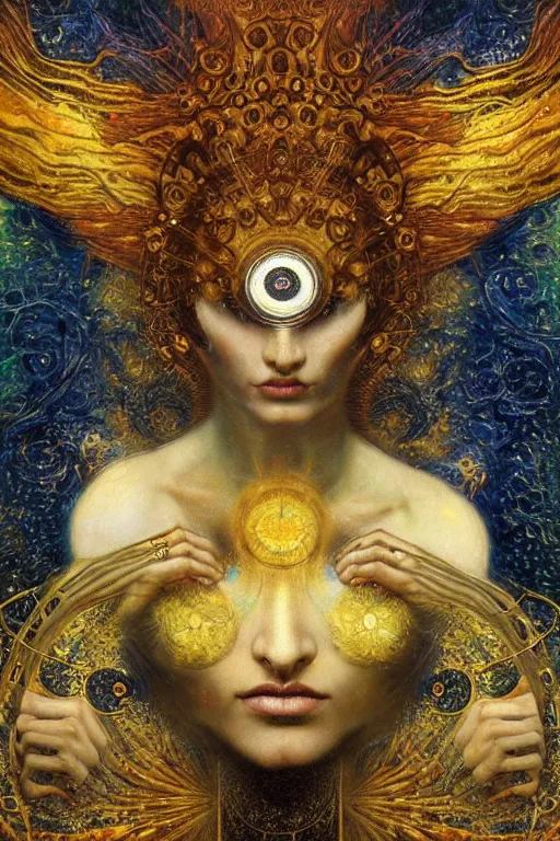 Image similar to Divine Chaos Engine by Karol Bak, Jean Deville, Gustav Klimt, and Vincent Van Gogh, beautiful visionary mystical portrait, sacred, otherworldly, fractal structures, ornate gilded medieval icon, third eye, spirals