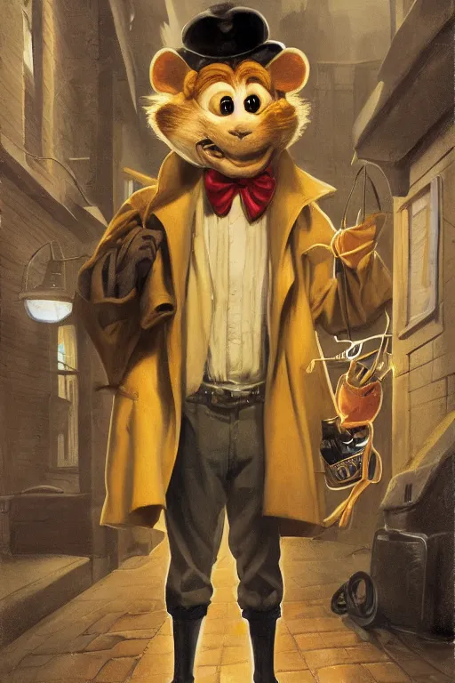 Image similar to Chuck E. Cheez wearing a trench coat, standing in an alley way, lit by streetlight, dealing illegal cheese, artstation, by J. C. Leyendecker and Peter Paul Rubens,