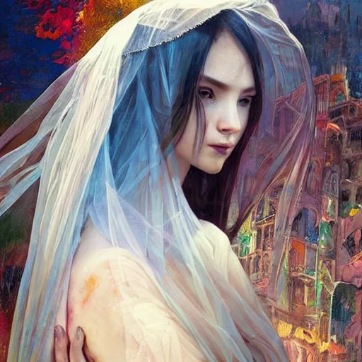 Prompt: hyperdetailed portrait of beautiful knigt girl translucent veil, sharp foccus ilustration, artstation hq. intricate, elegant. wlop, greg rutkowski, alphonse mucha,. dan mumford, rossdraws, marc simonetti. incredible background. full height. louise zhang. colorful splashes of paint. background by repin. abstract. decollage painting