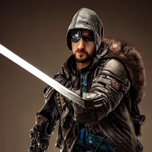 Image similar to photo of a cyberpunk robin hood warrior, highly detailed, 4k, HDR, award-winning photo