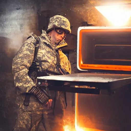 Image similar to soldier with toaster oven augmentation, dark messy smoke - filled cluttered workshop, dark, dramatic lighting, orange tint, sparks, cinematic, highly detailed, sci - fi, futuristic, movie still