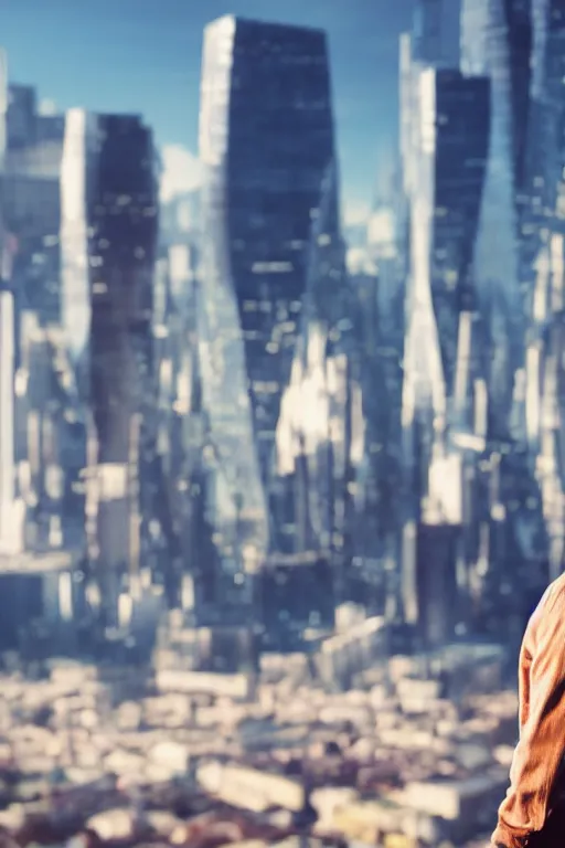 Image similar to close - up of a man standing in front of a giant city of the future