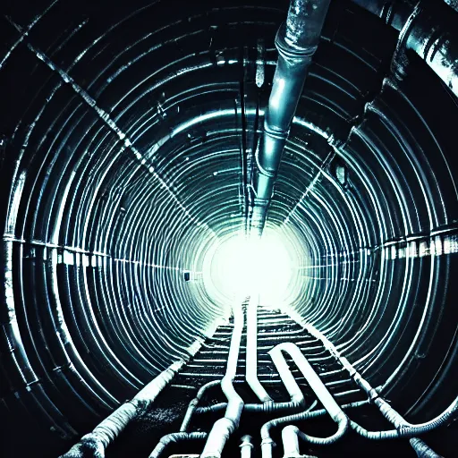 Image similar to a tunnel of leaky pipes and tubes, stretching out into an infinite abyss, broken, sewer, dark atmosphere, horror, unsettling, 4 k, high definition, intricate detail, chaotic,