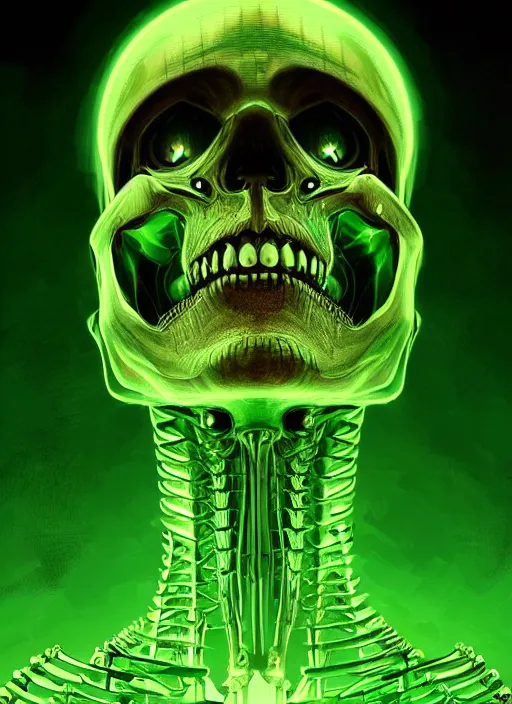 Image similar to extreme close up, portrait of a cyber skeleton, green glowing runes, exuding green energy runes, intricate, elegant, eerie lights, grim dark, ancient, gloomy, atmospheric, highly detailed, digital painting, artstation, concept art, smooth, sharp focus, illustration, art by wlop, mars ravelo and greg rutkowski