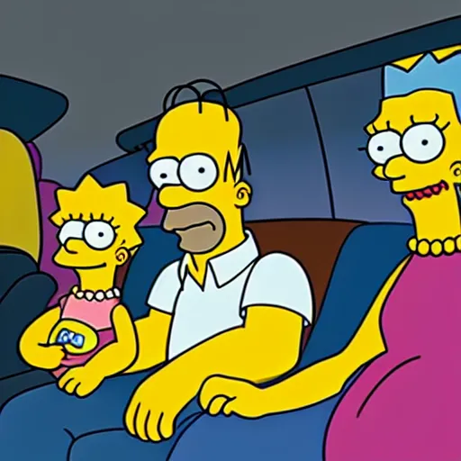 Prompt: the simpsons family riding a limo famous hollywood