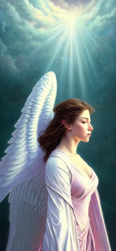 Image similar to angel, big wings, hudson river school, low key light, full plate armor with cloth, f 1 6, bokeh, extreme close up portrait, gentle, female, snowy mountain, storm clouds, god rays, landscape, d & d, fantasy, elegant, teal pink white gold color palette, concept art, artgerm and greg rutkowski and alphonse mucha
