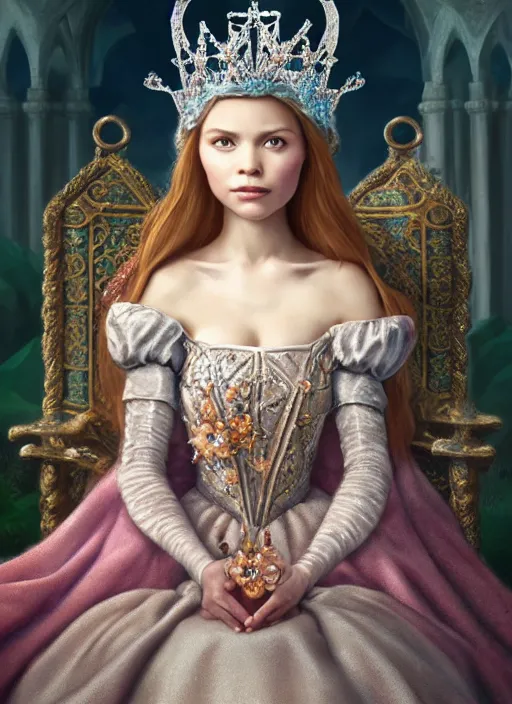 Image similar to highly detailed closeup portrait of a fairytale medieval princess wearing a crown and sitting on a throne, unreal engine, low - poly hands, nicoletta ceccoli, mark ryden, earl norem, lostfish, global illumination, god rays, detailed and intricate environment