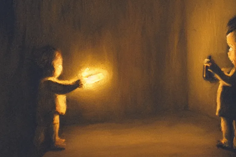 Prompt: art of a small child carefully holding a torch through a hallway filled with nightmarish monsters