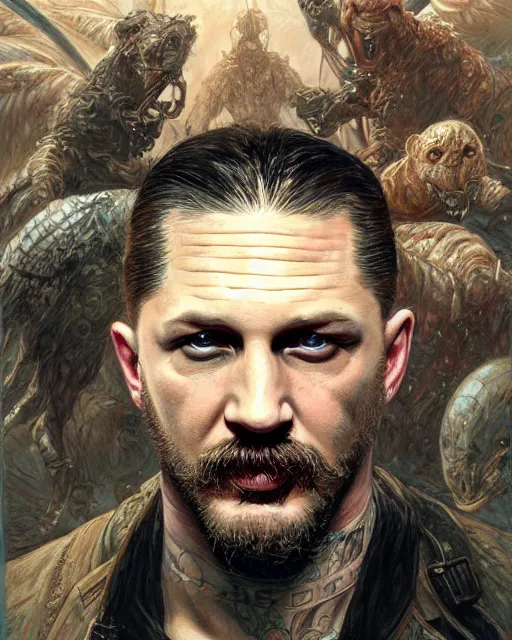 Image similar to tom hardy, highly detailed, very intricate, cinematic lighting, painted portrait, by donato giancola and rossdraws and magali villenueve, featured on artstation