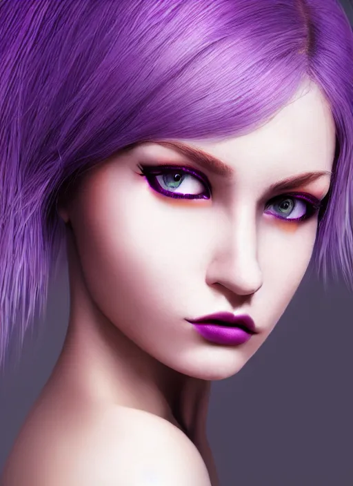 Image similar to photorealistic 3 0 0 0 cyclopes beautiful female with purple hair portrait photography feroflex photorealistic studio lighting ektachrome detailed intricate face details, ultradetails, beautiful face, realistic shaded perfect face, extremely fine details