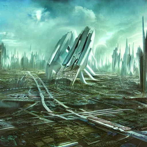 Image similar to future forest city attacked by spaceship, trees, plant, broken buildings, doom of the gods, monster, gravity mess, star trek, glory war, photograph, by arthur haas and bruce pennington and john schoenherr, cinematic matte painting, zaha hadid building, photo realism, dark moody color palate, blue hour stars, desolate glacial landscape,