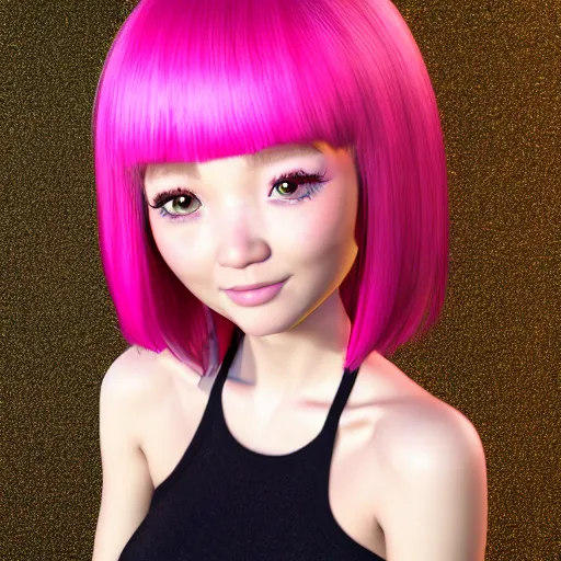 Image similar to A portrait of Nikki from Shining Nikki and Love Nikki, a cute 3d cgi toon young woman with long light pink hair, full bangs, hazel eyes, full round face, light makeup, pale skin, Chinese heritage, in the center midground, medium shot, mid-shot, hyperdetailed, 8k, trending on artstation, as a Pixar character