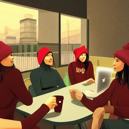 Image similar to hot girls sitting at starbucks being drawn by creepy guy in beanie, 8 k resolution, cinematic lighting, anatomically correct