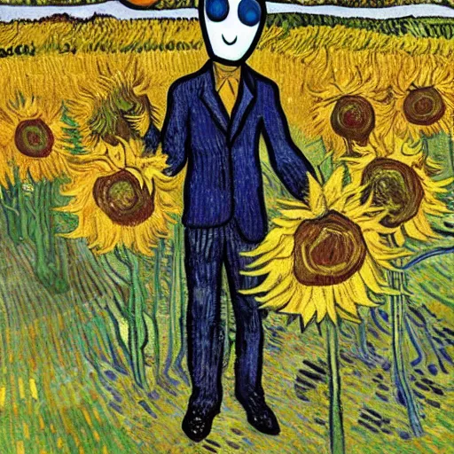 Image similar to slenderman standing in a field with colorful sunflowers by Vincent van Gogh