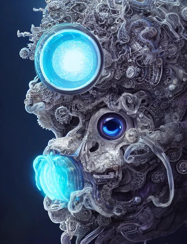 Image similar to eye of god macro close - up portrait with mask made of ram skull. betta fish, jellyfish phoenix, plasma, ice, water, wind, creature, super intricate ornaments artwork by tooth wu and wlop and beeple and greg rutkowski