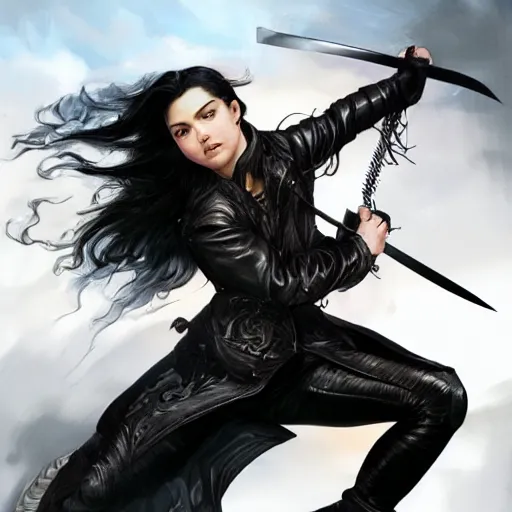 Image similar to an action photo of a black haired woman in a black leather jacket in a swordfight, muscular upper body, abs, d & d, fantasy, intricate, elegant, highly detailed, digital painting, artstation, concept art, smooth, sharp focus, illustration, art by artgerm and greg rutkowski and alphonse mucha