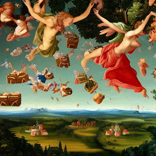 Image similar to renaissance painting flying cupcakes over landscape forest, green, five nights at freddies art style