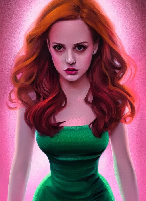 Image similar to full body portrait of teenage cheryl blossom, bangs, green eyes, sultry expression, red hair, sultry smirk, bangs and wavy hair, pink skirt, intricate, elegant, glowing lights, highly detailed, digital painting, artstation, concept art, smooth, sharp focus, illustration, art by wlop, mars ravelo and greg rutkowski