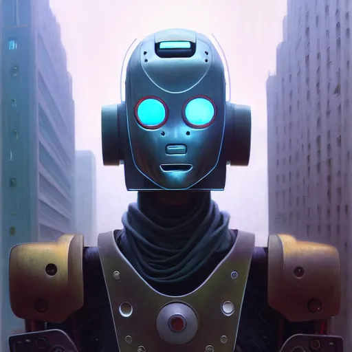 Image similar to detailed character concept art portrait of a masked robot in a city, trending on artstation, award - winning video game concept art by jim burns and greg rutkowski, beksinski, a sci - fi concept art masterpiece, james gilleard, bruegel, alphonse mucha, and yoshitaka amano.