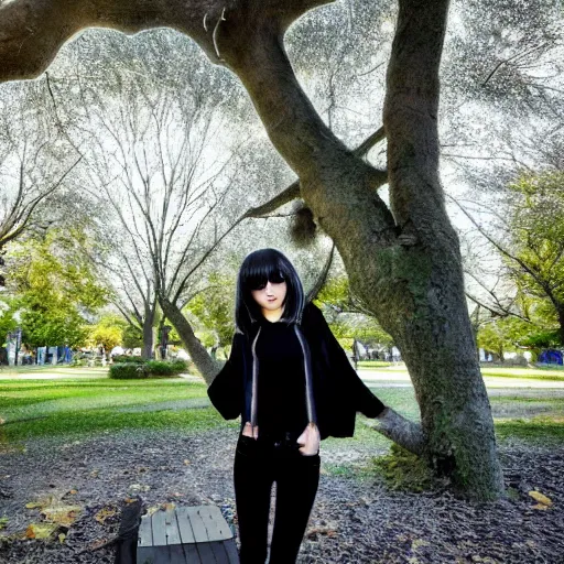 Prompt: 1 7 - year - old pale - skinned persian girl with black long bob cut, long bangs, black gothic jacket, black jeans, psychic girl, standing under treehouse in city plaza, urban plaza, treehouse hotel, large tree, ultra - realistic, sharp details, subsurface scattering, blue sunshine, intricate details, hd anime, 2 0 1 9 anime