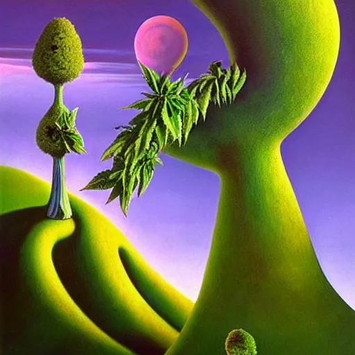 Image similar to surrealistic painting of cannabis dense bushes on alien planet, colourful morning, by vladimir kush