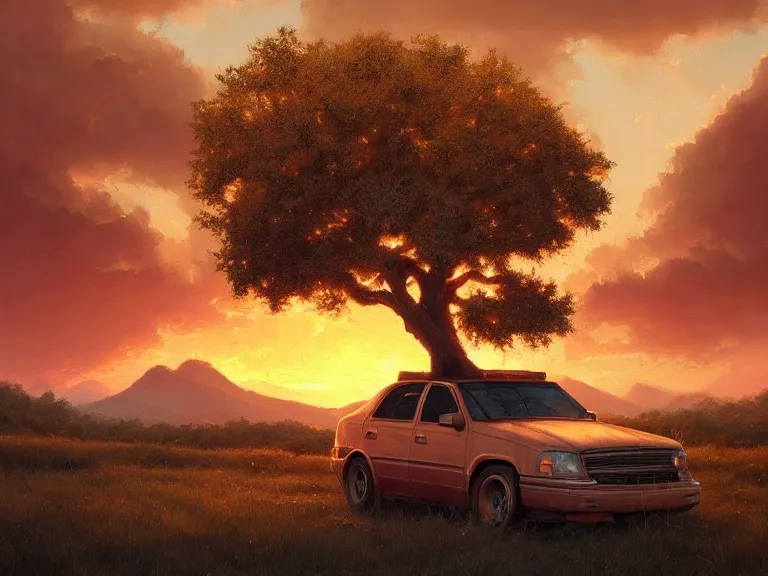 Prompt: close up of a oak tree growing inside a scrap car. overgrown. a soft golden red sunset over the mountains in the background. clouds. hyperrealistic, highly detailed, cinematic, beautiful, cgsociety, artstation, 8 k, oil painting by greg rutkowski, by artgerm, by wlop