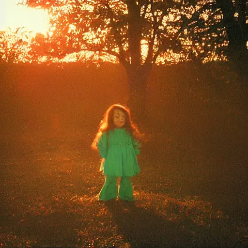 Prompt: a vibrant photograph of a little witch, wide shot, outdoors, sunset photo at golden hour, wide - angle lens, soft focus, shot on a 2 0 0 3 camera, on flickr in 2 0 0 3