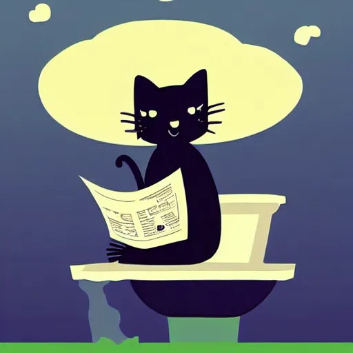 Prompt: a cat sitting on toilet reading newspaper, cute illustration, comic style, very detailed, trendy on artstation