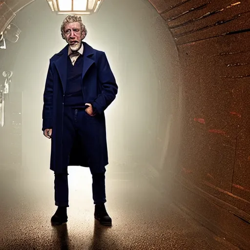 Image similar to tom holland as a rough dirty old man with a scruffy beard in a dark blue trenchcoat as the new doctor who, cinematic, volumetric lighting, f 8 aperture, cinematic eastman 5 3 8 4 film, photorealistic