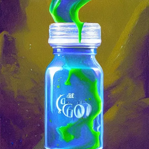 Image similar to green goo mixed with blue goo in a jar, Greg Rutkowski