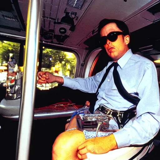 Prompt: gonzo reporter retro photo of drunked elon musk aka bus driver in bus, fear and loathing in las vegas style, by hunter thompson