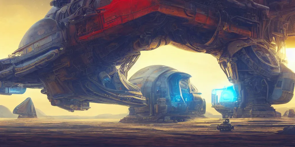 Image similar to legendary space ship, elephant shape, desert planet, alien technology, cinematic, highly detailed, large blue engines, scifi, yellow windows and details, hyper realism, intricate digital painting, red glow, gigantic landing pad, scifi base, artstation, by johnson ting, jama jurabaev