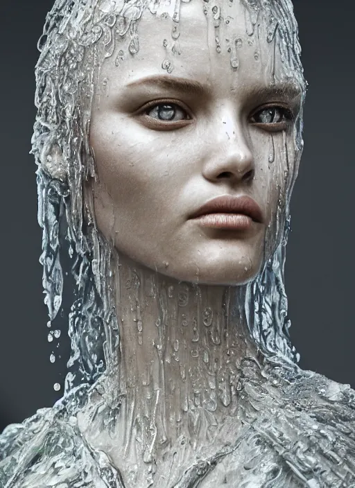 Image similar to sculpture made of water, portrait, female, future, shaman, harper's bazaar, vogue, magazine, insanely detailed and intricate, concept art, close up, wet, ornate, luxury, elite, elegant, trending on artstation, by ruan jia, by Kenneth Willardt, by ross tran, by WLOP, by Andrei Riabovitchev,