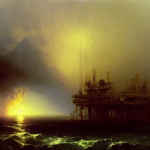 Image similar to post apocalyptic oil rig by aivazovsky, oil on canvas, highly detailed, masterpiece painting