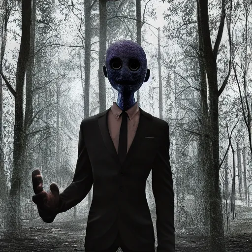 Image similar to fearsome slender man luring in dark, hyper realistic, detailed, 4 k, octane render, 4 k, dark color