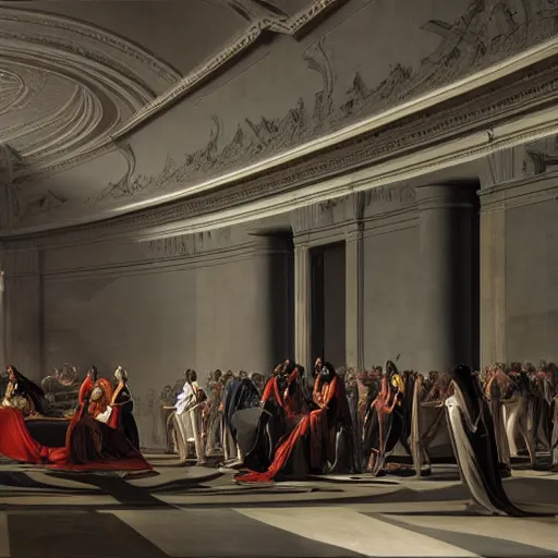 Image similar to full lenght sci-fi cars in the coronation of napoleon painting by Jacques-Louis David and point cloud in the middle and everything in form of zaha hadid architects artwork by caravaggio unreal engine 5 keyshot octane lighting ultra high detail ultra hyper realism 8k 16k in plastic dark tilt shift full-length view