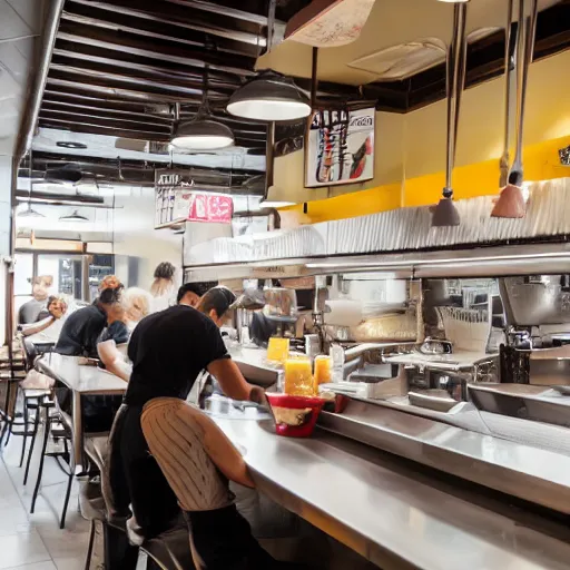 Image similar to busy wafflehouse interior with customers eating breakfast and wafflehouse employees serving food and cooking behind countertop