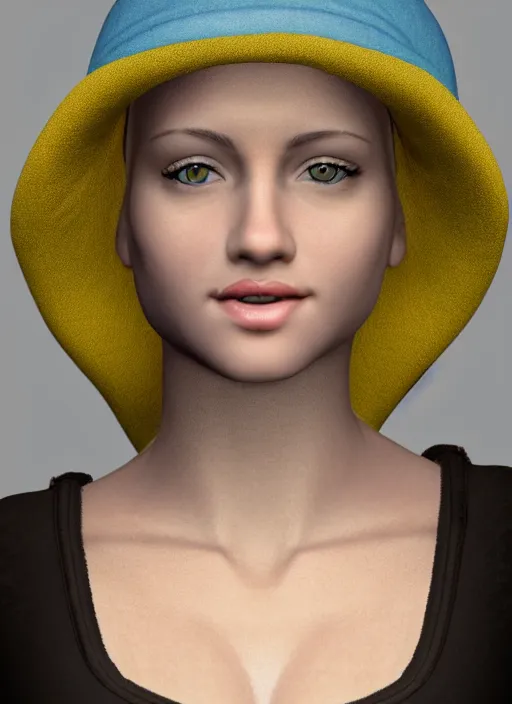 Image similar to young lady, very short yellow hair, nose ring, blue hat, beig brown eyes, nose ring, volumetric lighting, detailed