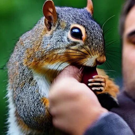 Prompt: a man with a squirrel inside his mouth