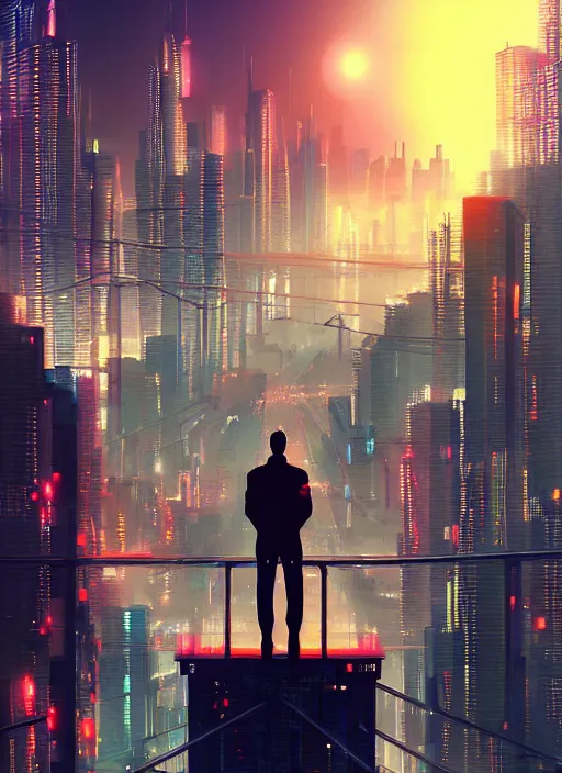 Prompt: a man standing on top of a bridge over a city, cyberpunk art by vincent lefevre, behance contest winner, altermodern, cityscape, synthwave, matte painting,