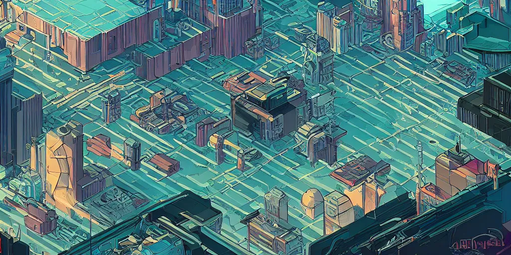 Image similar to a mile above a cyberpunk landscape. isometric perspective. science fiction art. near future world moebius