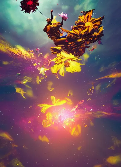 Image similar to An epic fantastic realism comic book style painting of the most beautiful flying flowers launched across the dark and starry galaxy, floating bouquets, fisheye, unreal 5, DAZ, hyperrealistic, octane render, dynamic lighting