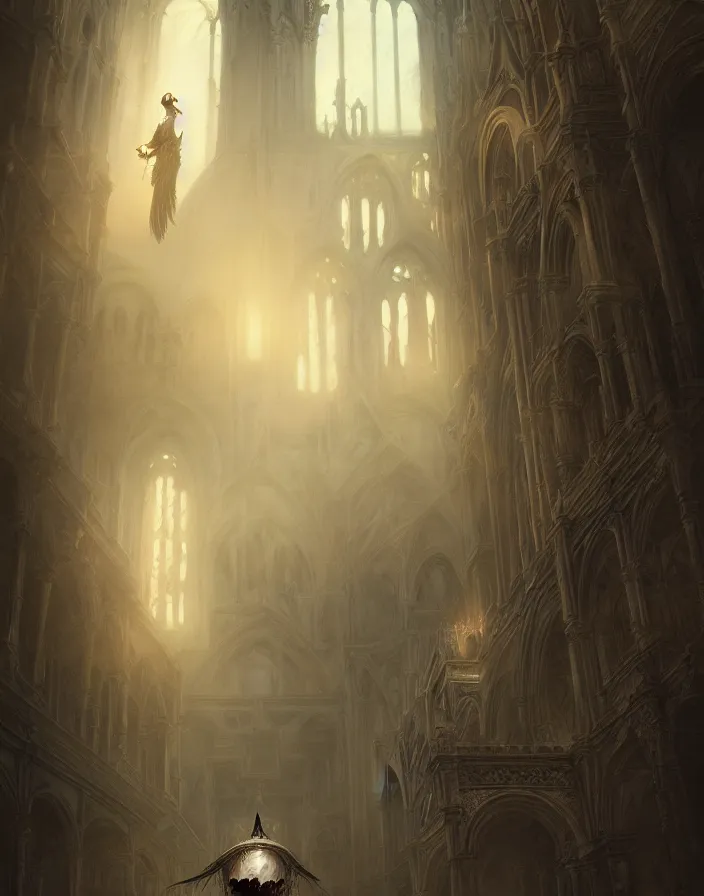 Image similar to A beautiful digital painting of a Grim Reapper, ancient catedral behind her, intricate, cinematic lighting, highly detailed, digital painting, Artstation, concept art, smooth, sharp focus, illustration, art by Tom Bagshaw, Artgerm and Greg Rutkowski