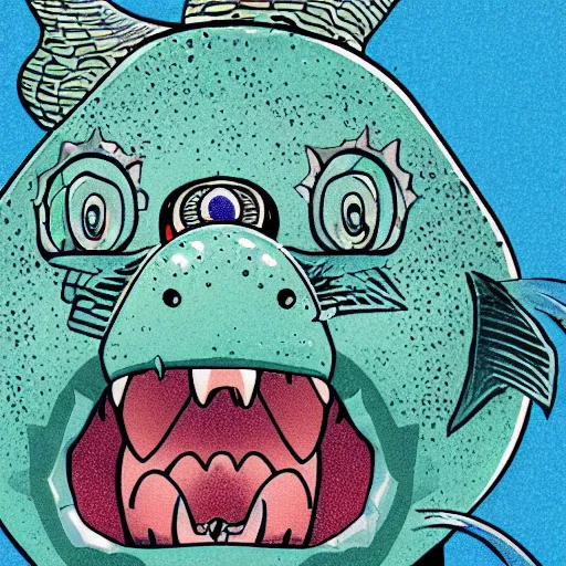 Prompt: illustration of an angler fish, in the stle of yoshi yoshitani, deep sea, large mouth filled with pointed teeth, stylized linework, ornamentation, artistic, color