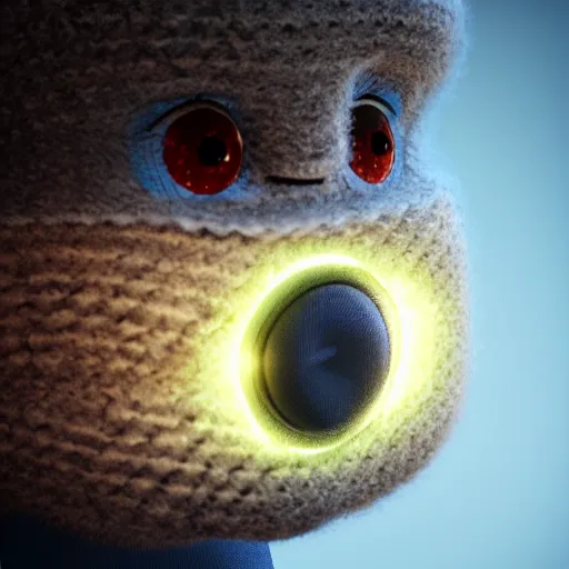 Image similar to woolen sock puppet from hell, missing an ear, big bobbly eyes, octane render, volumetric lighting, glow lights, sharp focus, clear focus, soft shadows, highly intricate, textures, 8 k, 4 k, cinematic pose, trending on artstation, deviantart, award winning, contest entry